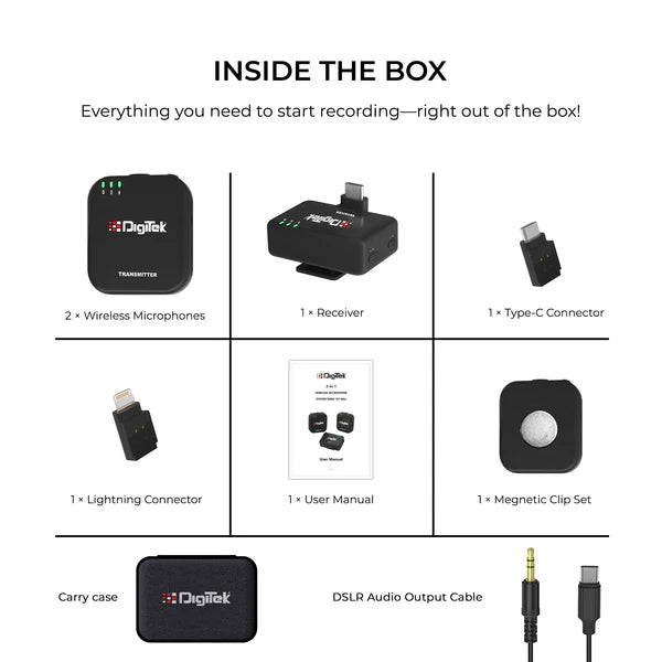 Digitek (DWM 101 Mini) 2-in-1 Wireless Microphone, 2.4G Mic for iOS/Android, DSLR, PC/Laptop, 80m Range, TF Card Recording, 4.5hr Battery, Real-Time Monitoring, Ideal for Vlogging, Streaming, Meetings Digitek (DWM 101 Mini) 2-in-1 Wireless Microphone, 2.4G Mic for iOS/Android, DSLR, PC/Laptop, 80m Range, TF Card Recording, 4.5hr Battery, Real-Time Monitoring, Ideal for Vlogging, Streaming, Meetings